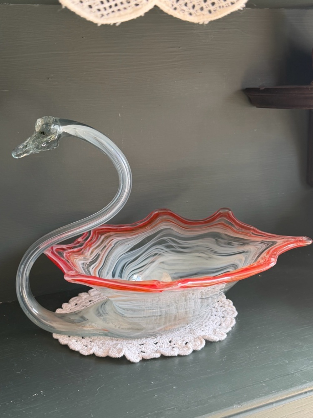 Handblown Glass Swan Bowl with Red-Rim Accent